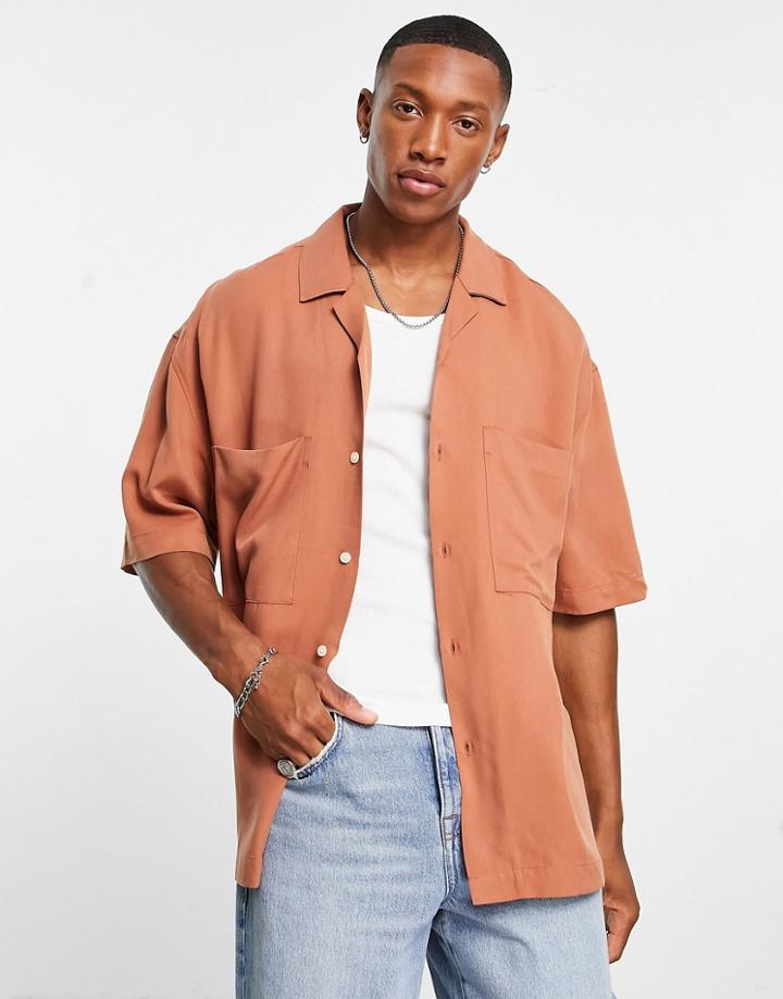 Bershka Double Pocket Relaxed Shirt In Brown