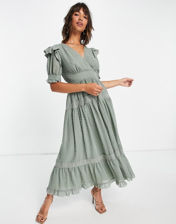 Asos Design Wrap Front Lace Insert Textured Midi Tea Dress In Sage Green