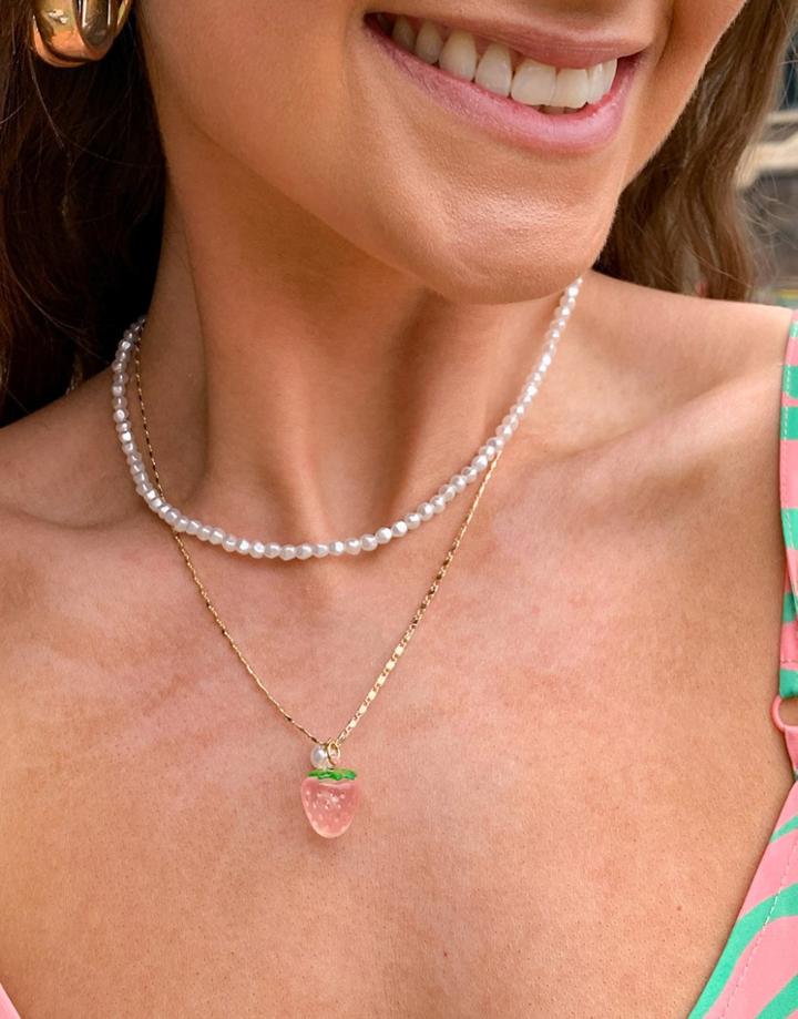 Asos Design Multirow Necklace With Pearl And Strawberry Charm In Gold Tone