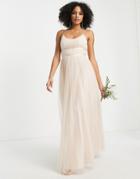 Asos Design Bridesmaids Tulle Cami Maxi Dress With Satin Ribbon Waist Detail And Pleated Skirt In Champagne-neutral