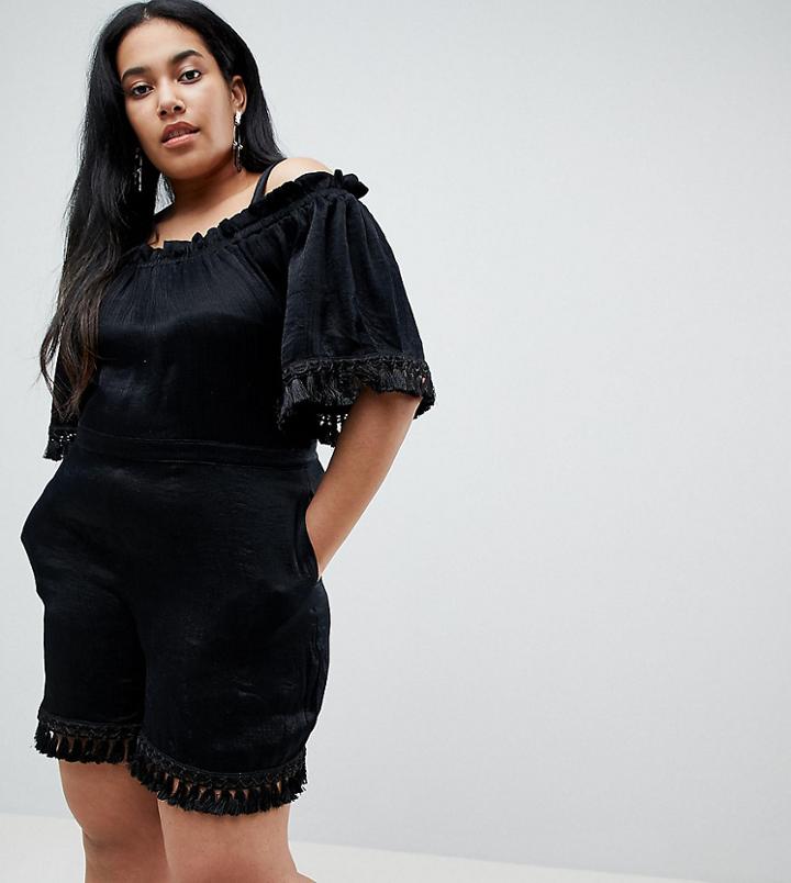 Lost Ink Plus Romper With Tassle Hem - Black