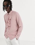 Asos Design Regular Fit Jacquard Shirt With Ruffle Front In Pink