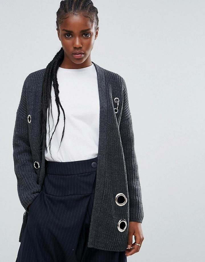 Asos Cardigan In Chunky Knit With Eyelet Detail - Gray