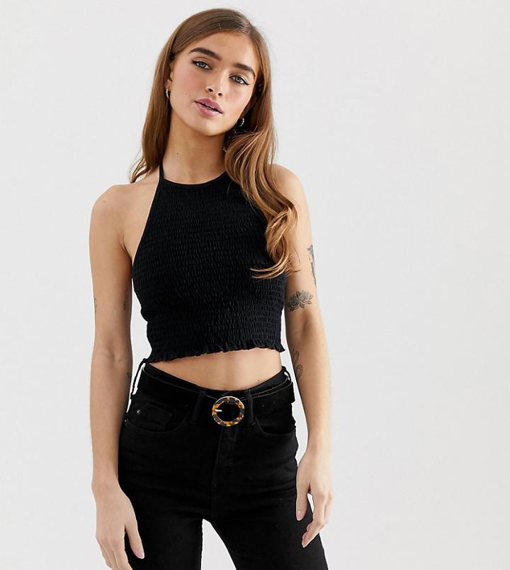 Asos Design Petite Shirred Top With Halter Neck-black