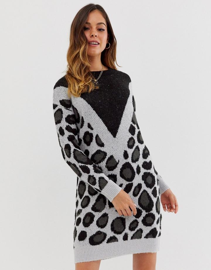 Brave Soul Simba Chevron Animal Print Sweater Dress-gray
