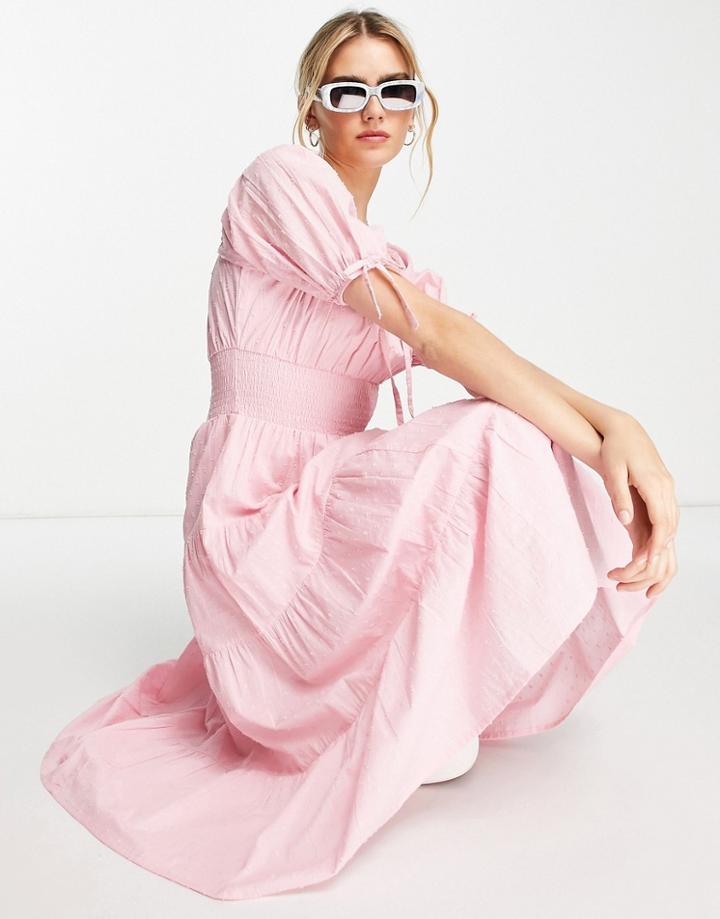 Neon Rose Midi Milkmaid Dress In Pink Textured Spot