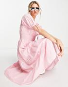 Neon Rose Midi Milkmaid Dress In Pink Textured Spot