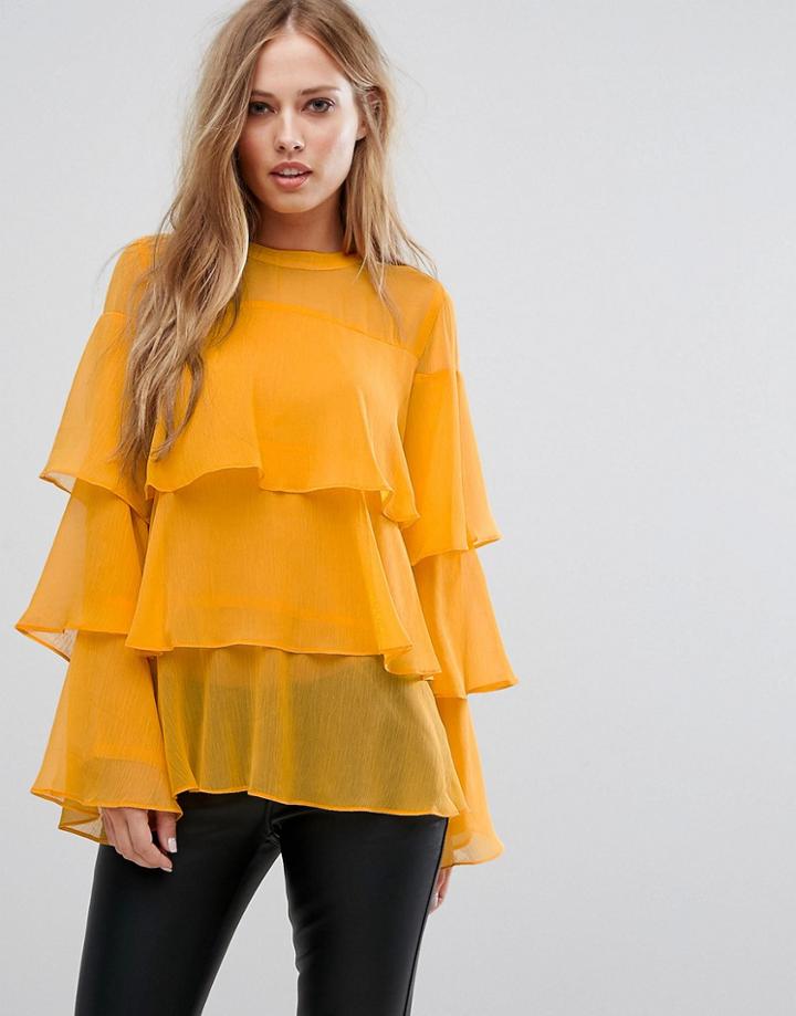Liquorish Frill Tiered Blouse - Orange