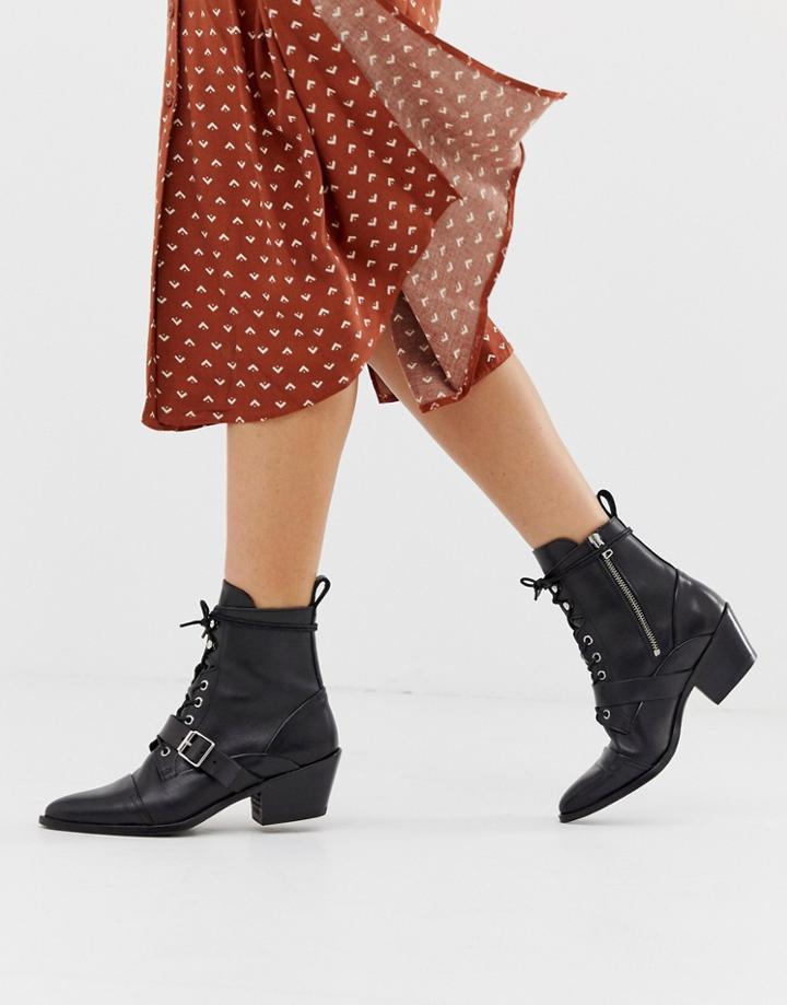 Allsaints Katy Lace Up Heeled Leather Boots With Buckle-black
