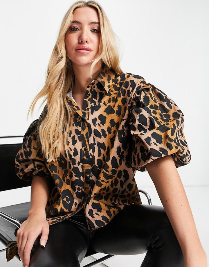 Asos Design Volume Sleeve Oversized Shirt In Animal Print-multi