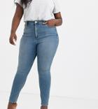 Asos Design Curve Ridley High Waisted Skinny Jeans In Pretty Mid Stonewash Blue