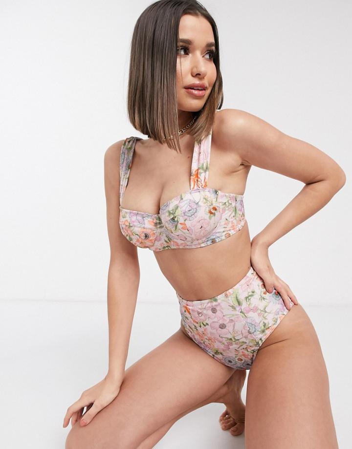 Asos Design Fuller Bust High Waist Bikini Bottom In Watercolor Floral Print-multi
