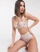 Asos Design Fuller Bust High Waist Bikini Bottom In Watercolor Floral Print-multi