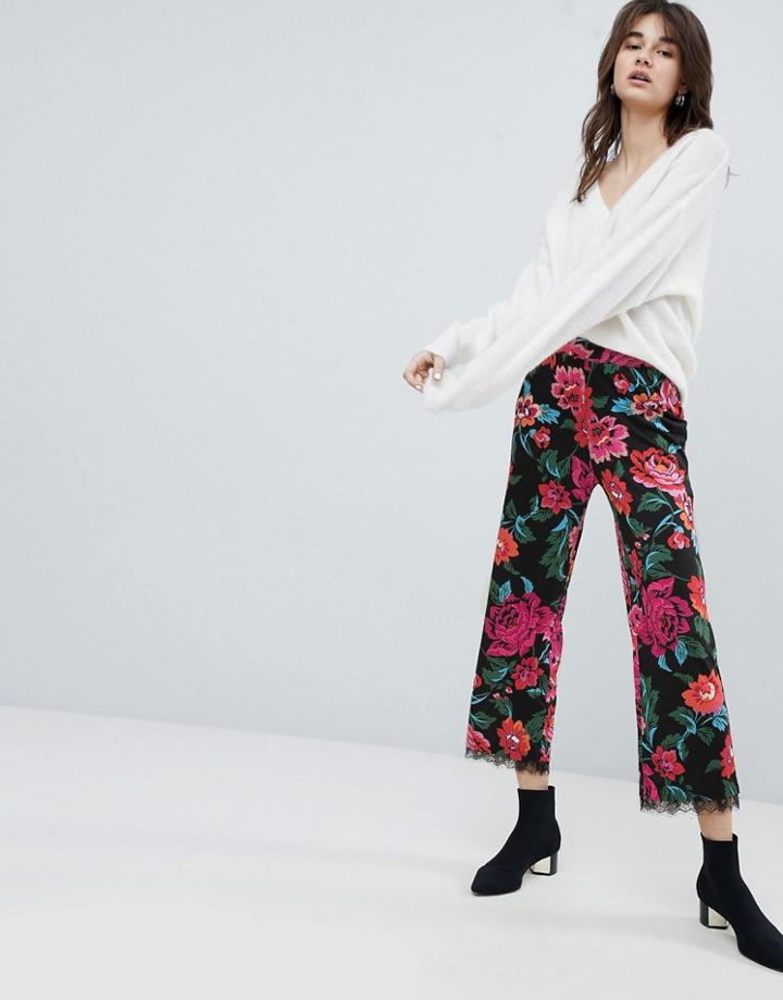 Asos Jersey Pants In Floral Print With Lace Hem - Multi