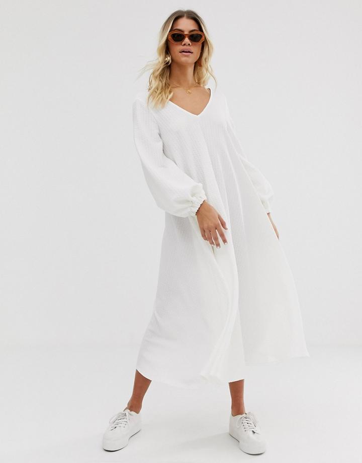 Asos Design Textured Midi V Neck Swing Dress-cream