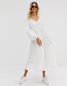 Asos Design Textured Midi V Neck Swing Dress-cream