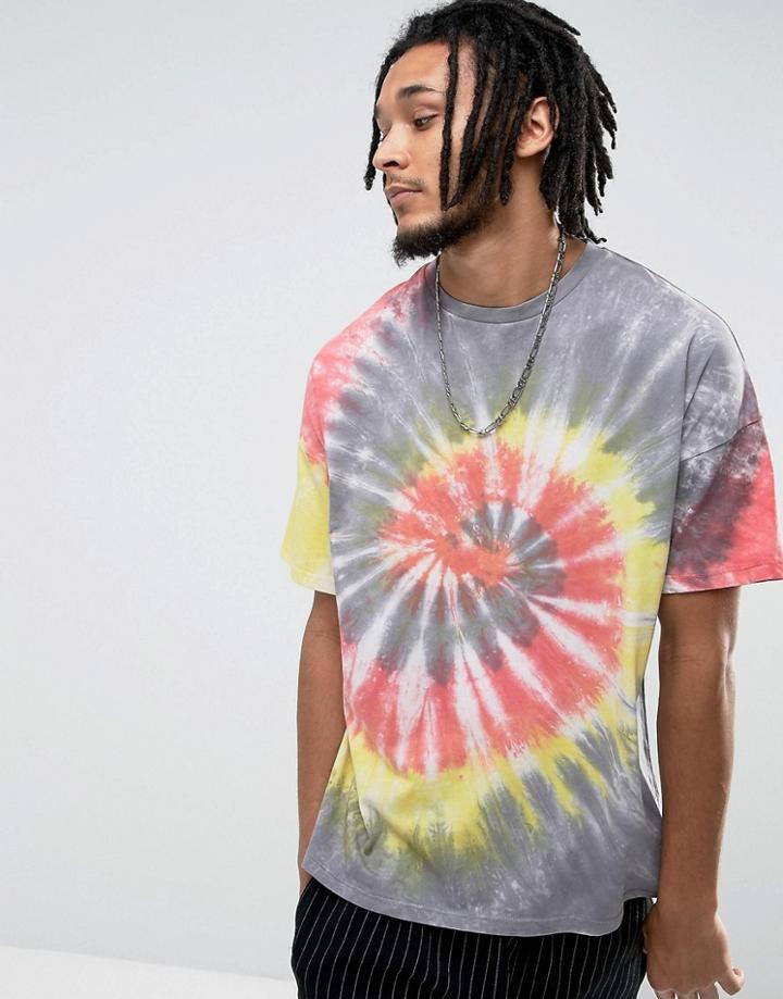 Asos Oversized T-shirt In Bright Spiral Tie Dye - Gray