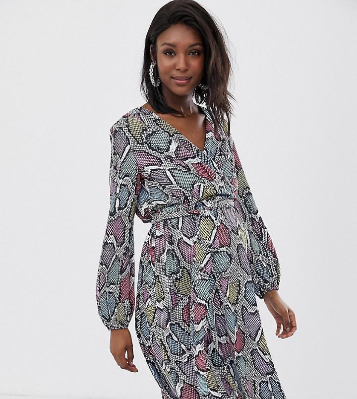 Flounce London Maternity Wrap Front Midi Dress In Multi Snake