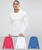 Asos 3 Pack Muscle Fit Long Sleeve Crew Neck T-shirt Save - Multi