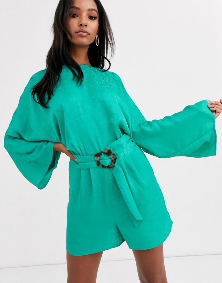 Asos Design Jacquard Romper With Tortoise Shell Belt-green