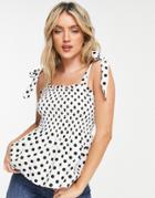 Topshop Spot Shirred Tie Shoulder Cami In Monochrome-black