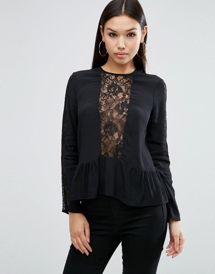 Asos Deep Plunge Lace Insert Top - Black