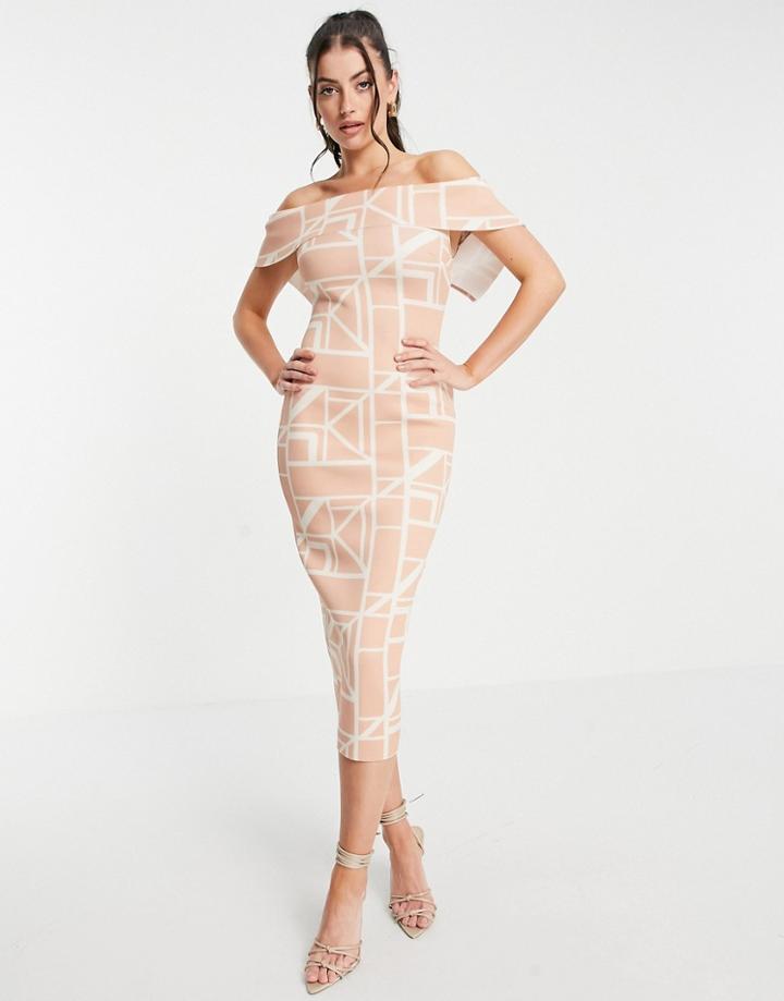 Asos Design Fold Front Pencil Midi Dress In Grid Print-multi