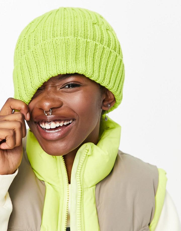 Topshop Chunky Rib Beanie In Green - Lgreen