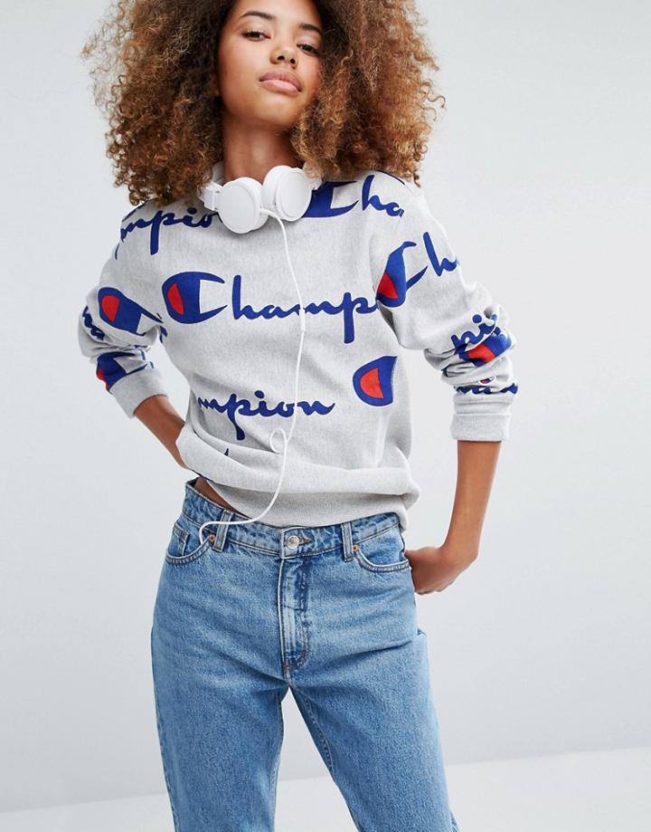 Champion Oversized Sweatshirt With All Over Logo Print - Gray