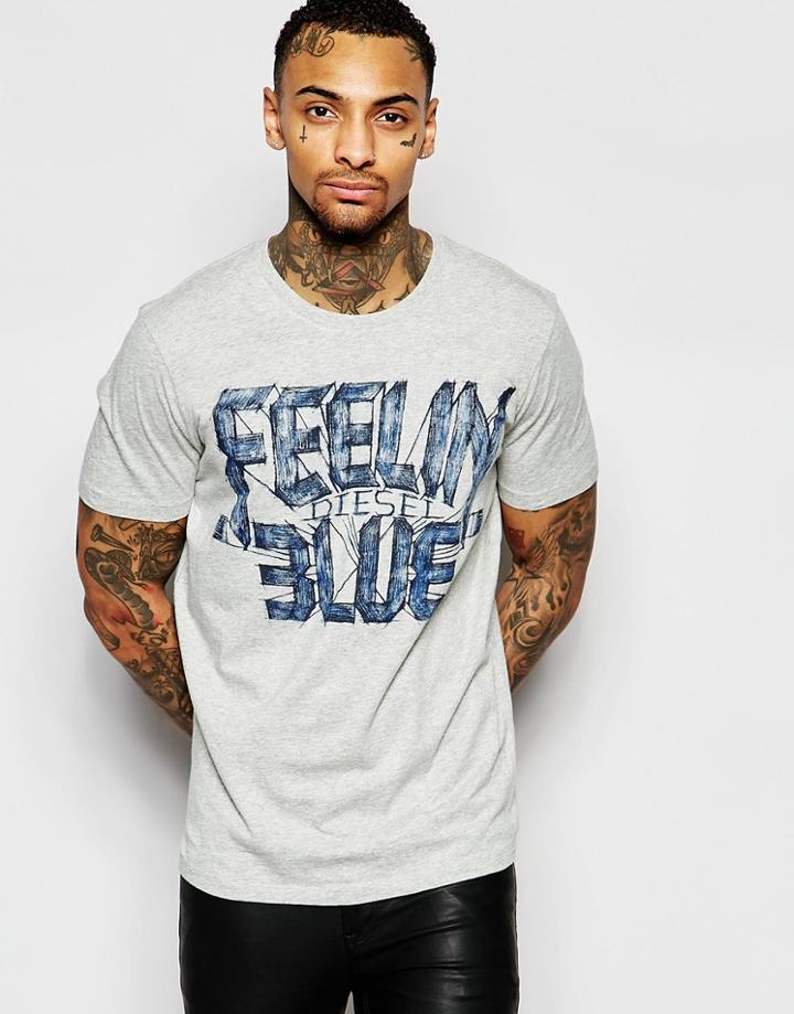 Diesel T-shirt T-joe-aa Crewneck Feelin Blue Print In Gray Marl - Gray Marl