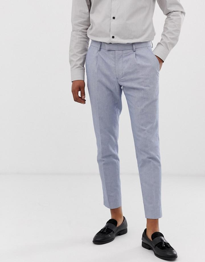 Moss London Linen Look Slim Pants In Blue Stripe - Blue