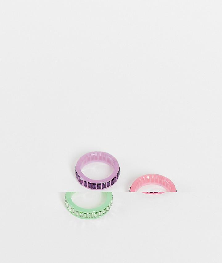 Asos Design Pack Of 3 Plastic Rings With Colored Baguette Crystals-multi