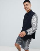 Asos Design Party Regular Fit Denim Shirt With Sequin Sleeve - Black