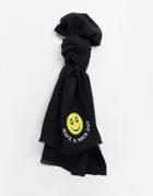 Asos Design Supersoft Long Woven Scarf With Raw Edge With Happy Face Embroidery In Black