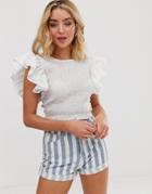 Asos Design Shirred Top With Flutter Sleeve - White