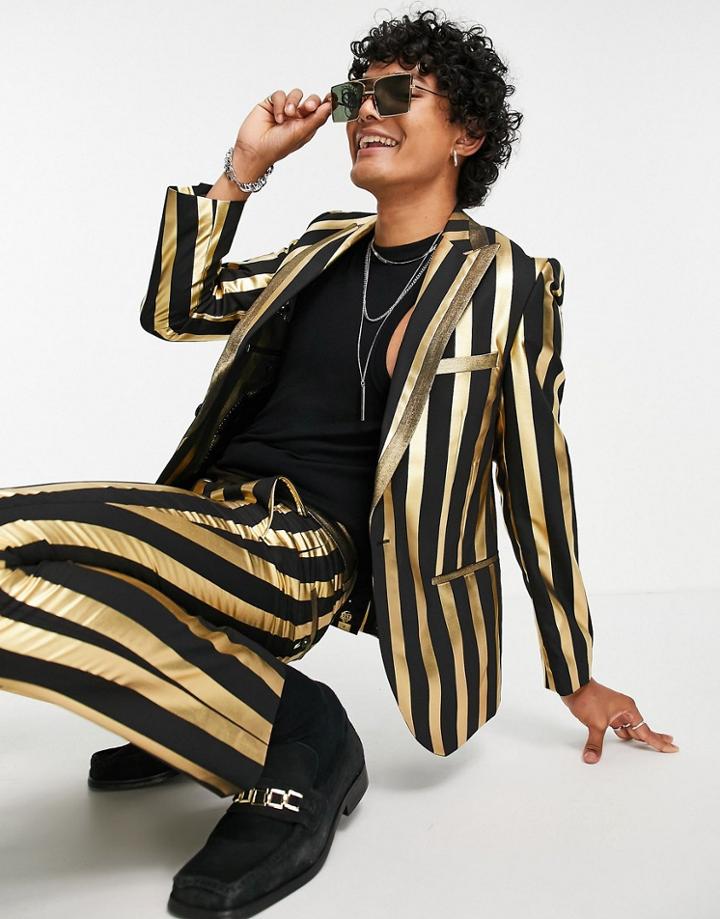 Twisted Tailor Suit Jacket In Black And Gold Stripe