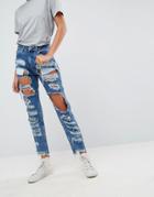Asos Original Mom Jeans In Authentic Mid Wash With Extreme Super Busts - Blue