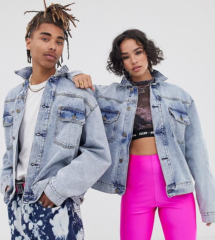 Collusion Unisex Denim Jacket In Light Stone Wash-blue