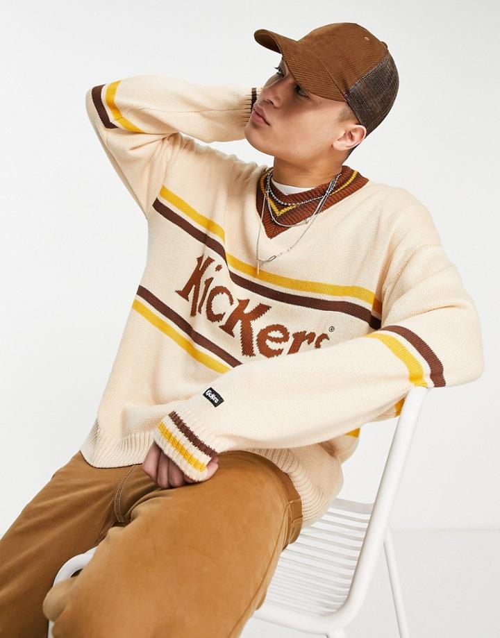 Kickers V-neck Sweater Logo Stripe In Ecru-white