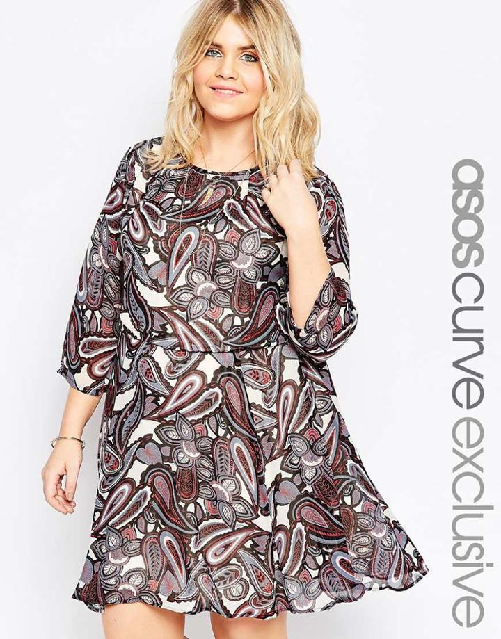 Asos Curve Skater Dress In Light Paisley Print - Multi