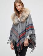 Jayley Stripe Light Gray Oversize Coat With Faux Fur Trim - Gray