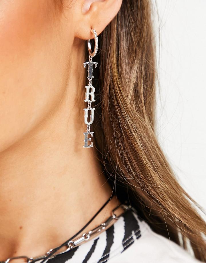 Topshop True Love Text Drop Earrings In Silver