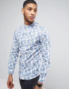 Casual Friday Grandad Collar Shirt In Floral Print - Blue