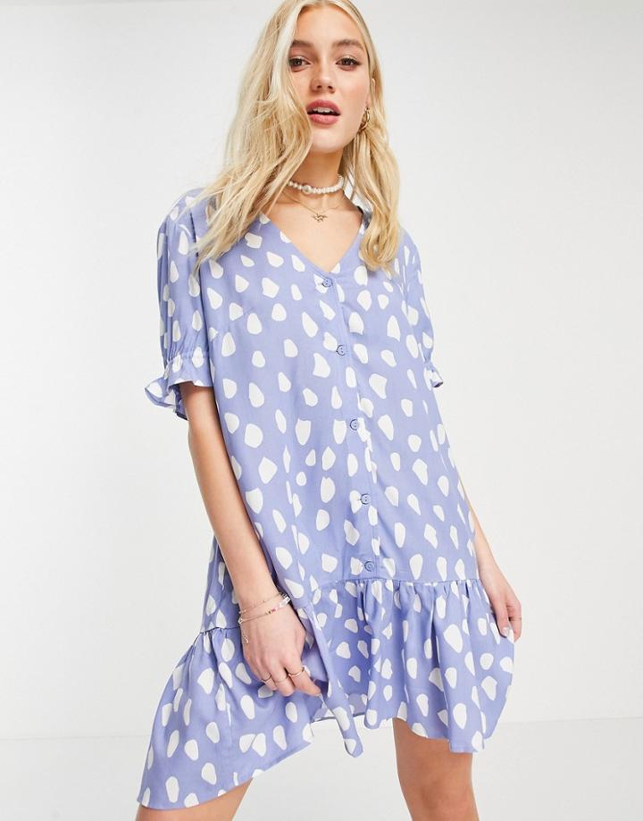 Monki Willa Mini Dress With Button Through In Blue Print-blues