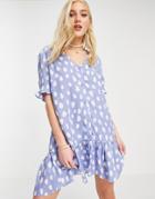 Monki Willa Mini Dress With Button Through In Blue Print-blues