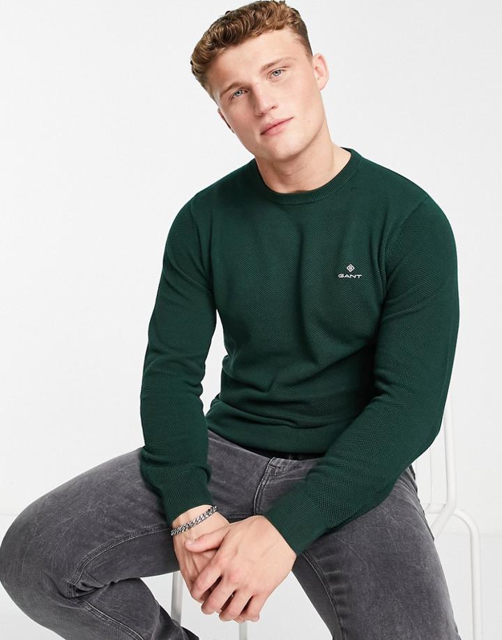 Gant Shield Logo Cotton Pique Knit Sweater In Tartan Green
