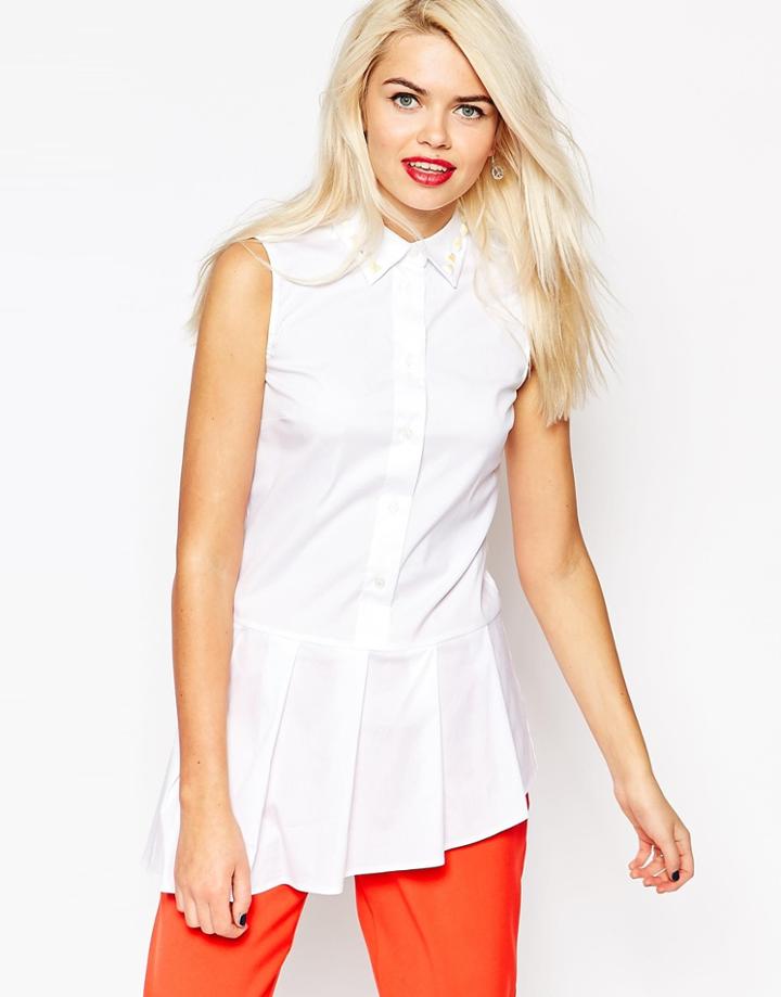 Love Moschino Pleated Hem Shirt With Embellished Collar - Whtie