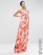 Asos Tall Wedding Floral Printed Ruched Bandeau Mesh Maxi Dress - Multi
