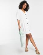 Asos Design V Neck Button Through Mini Smock Dress In White