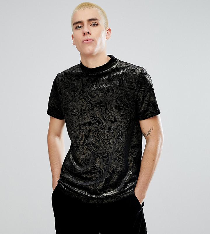 Reclaimed Vintage Inspired T-shirt In Black Metallic Velour With Turtleneck - Black